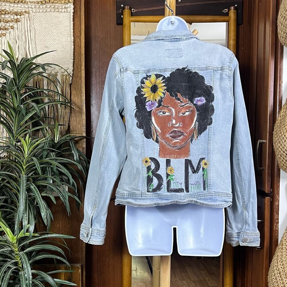 Black Lives Matter Denim Jacket Womens M Hand Painted BLM Light Wash Stretch